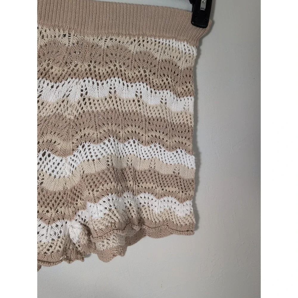 Princess Polly Women's 4 Shorts Leah Beige Scallop Striped‎ Crochet Sheer
